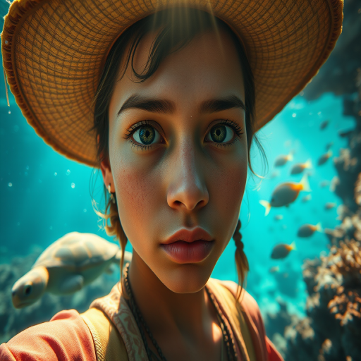 Realistic selfie image of a Guarani, wearing a vintage outfit, detailed dreamy eyes, droopy hooded eyes, staring at the camera, taken underwater at coral reef with a sunbeam filtering through the water, vibrant, summer vacation, natural lighting, turtle and school of tropical fish with vibrant colors, rendered in the style of CryEngine, Pegi Nicol MacLeod, with realistic genre scenes, hauntingly beautiful narratives, ultra-realism, and Thomas Saliot's close-up technique, 8K resolution, crystal clear and sparkling water.
