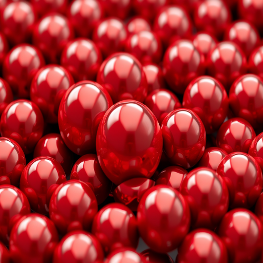 Create a highly detailed 3D rendering of a cluster of vibrant red spheres arranged in a honeycomb pattern, using a DSLR camera with a 50mm lens, f/1.8 aperture, ISO 100, natural lighting, and a shallow depth of field for enhanced quality.