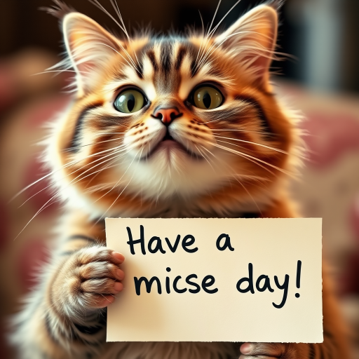 cat holding a note which says "Have a mice day!"