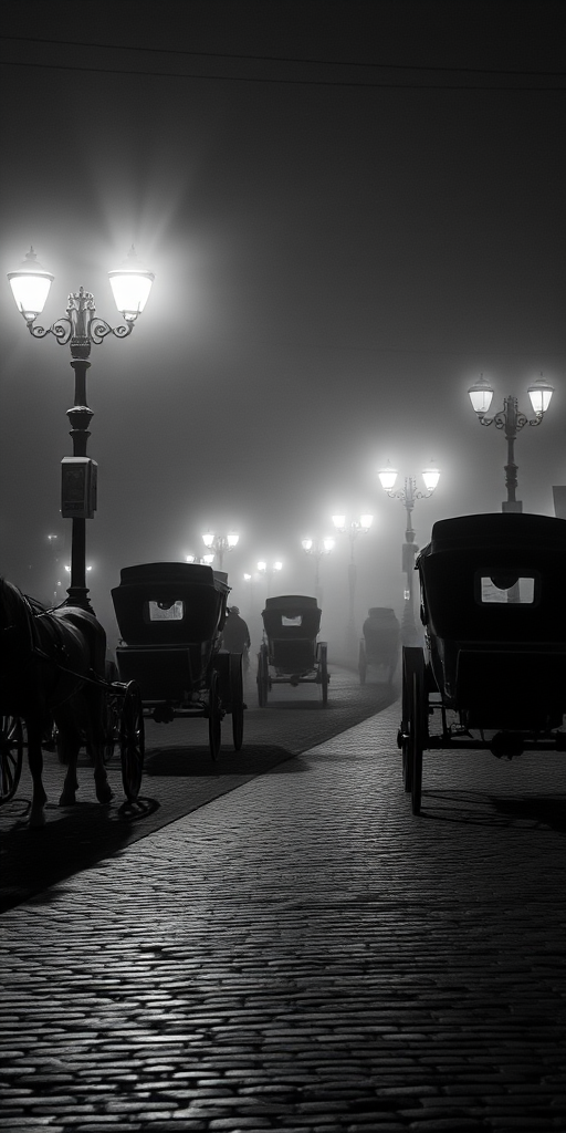Capture a foggy night scene of vintage horse-drawn carriages on a cobblestone street, illuminated by gas lamps with soft light diffusion, using a full-frame camera with a 50mm lens at f/1.8, ISO 200, and a shutter speed of 1/60 sec, in black and white for a dramatic effect.