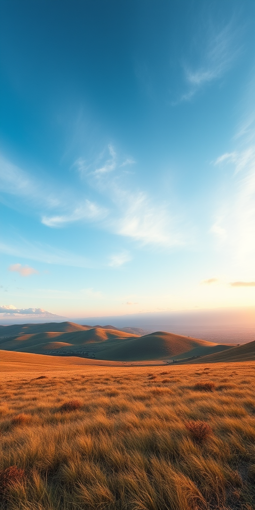capture a wide-angle shot of a serene landscape featuring rolling hills and a vast grassy plain under a blue sky with soft clouds use a DSLR camera with a 24mm lens aperture set to f/8 shutter speed at 1/125s ISO 100 during golden hour for optimal lighting
