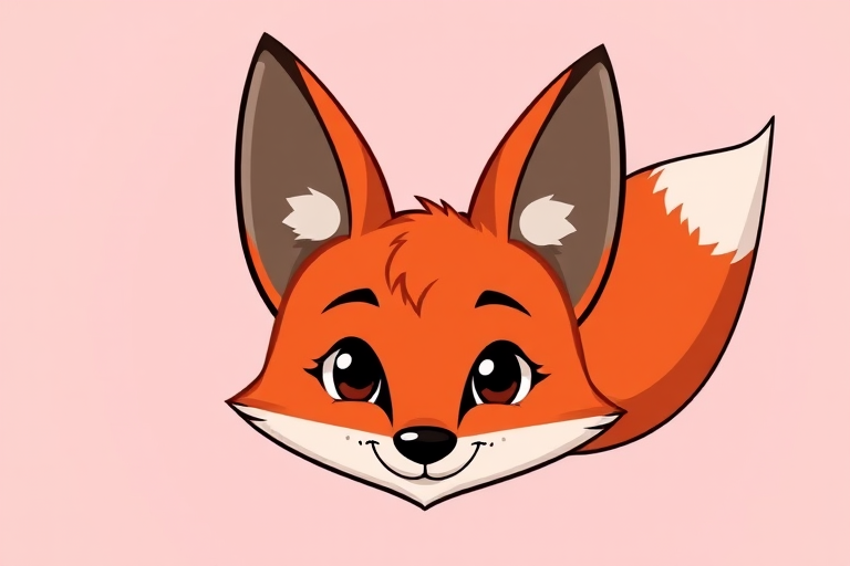 Illustration of a cartoon red fox head with prominent ears and a bushy tail, soft gradient background, close-up view, digital illustration style, camera type digital, aperture f/8, ISO 100, shutter speed 1/125s.