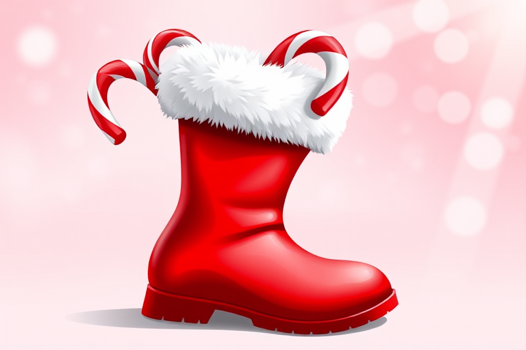 Create a vibrant illustration of a red holiday boot with white fur trim, featuring two candy canes sticking out, positioned on a transparent background, captured using a DSLR camera with a 50mm lens at f/2.8, ISO 100, with soft lighting and a slight bokeh effect.