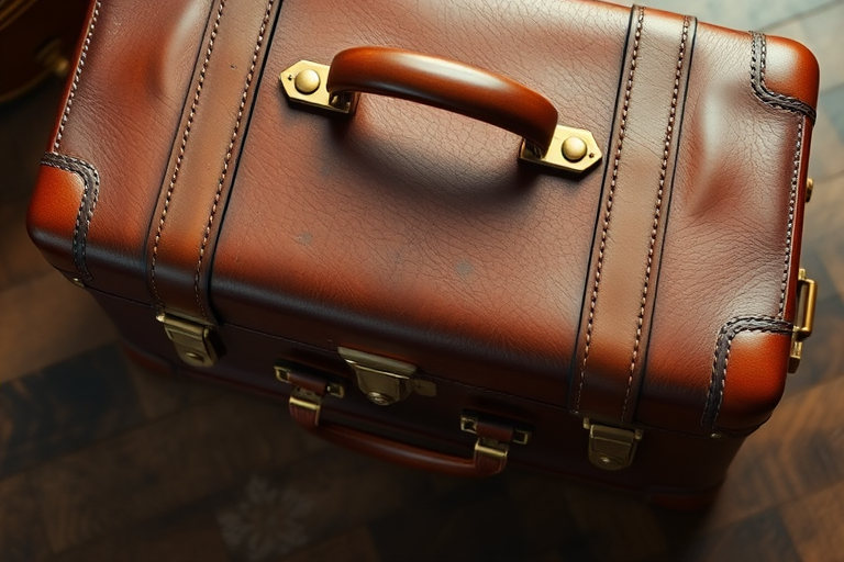 regenerate a vintage leather suitcase with brass accents, high resolution, 50mm lens, f/2.8 aperture, soft natural lighting, top-down camera view, DSLR camera type
