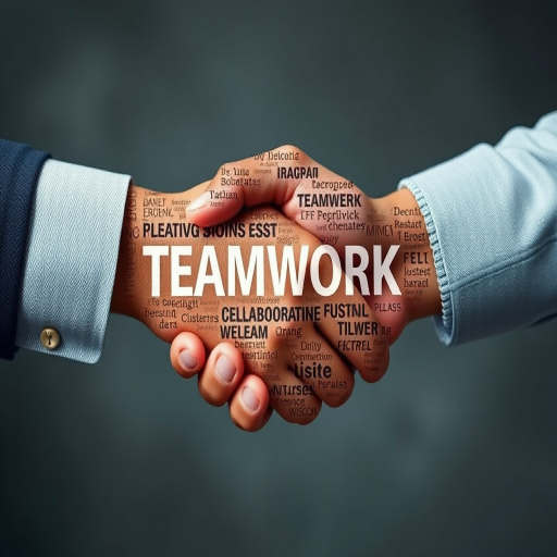 Create an artistic representation of two hands shaking, filled with words related to teamwork and collaboration, using a Canon EOS 5D Mark IV camera, 50mm lens, f/1.8 aperture, ISO 100, shot from a 45-degree angle with a shallow depth of field for enhanced detail.