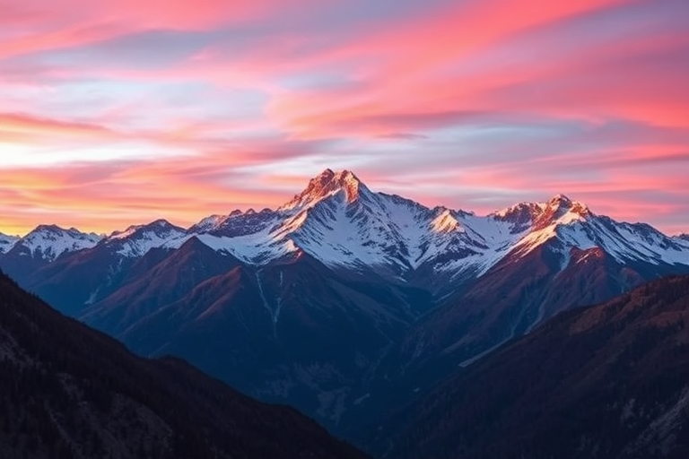 Generate a vibrant landscape image of a mountain range at sunrise, with glowing orange and pink skies reflecting off snow-capped peaks, captured with a Nikon D850, 24mm lens, aperture f/8, ISO 100, shutter speed 1/60 sec, in wide-angle view for a panoramic effect.