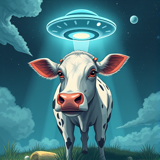 Create an illustration of a UFO beaming up a cow with a futuristic design, using a wide-angle lens at f/8 aperture, ISO 100, and a slightly overhead view for depth, employing a digital art style for clarity and vibrancy.