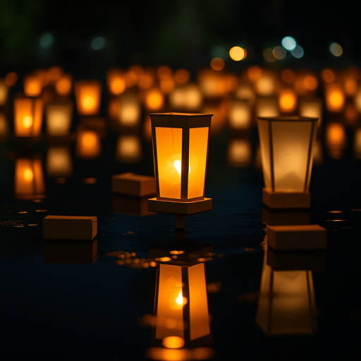 Create a serene night scene of lanterns floating on water with a central lantern glowing warmly, captured with a DSLR camera at f/2.8 aperture, ISO 100, 50mm lens, in a low-angle view to accentuate the reflection on the water and a soft bokeh effect in the background.