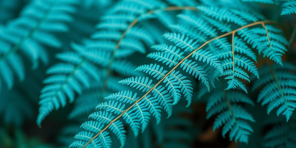 Create an image of realistic ferns with intricate details and a soft blue color, captured with a DSLR camera at f/2.8 aperture, 50mm lens, ISO 100, in natural light, using a macro style to enhance image quality.