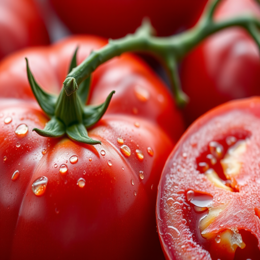 Create a hyper-realistic image of a fresh red tomato with droplets of water on its surface and a sliced piece showing its juicy interior, shot in macro view with a DSLR camera, aperture set to f/2.8 for shallow depth of field, ISO 100 for maximum clarity, and a natural light source for enhanced color vibrancy.