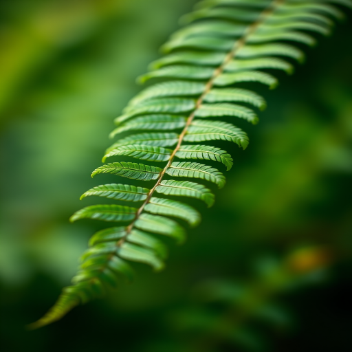 macro shot of a green fern leaf with a blurred background using a Canon EOS 5D Mark IV, f/2.8 aperture, ISO 200, 50mm lens, natural light, shallow depth of field