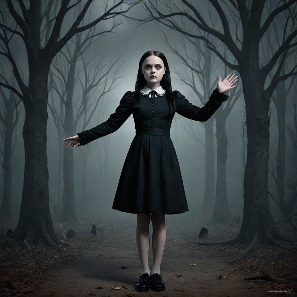 Digital art, full height portrait of Wednesday Addams, standing up with her hands in the air as if in a hold-up. Her dark, gothic attire replaces Alice’s classic blue dress, and she wears black shoes instead of blue. A small, neat black bow adorns her hair, capturing her signature style. The overall composition maintains a whimsical yet eerie tone, similar to Alice in Wonderland, while showcasing Wednesday’s iconic gothic charm.
