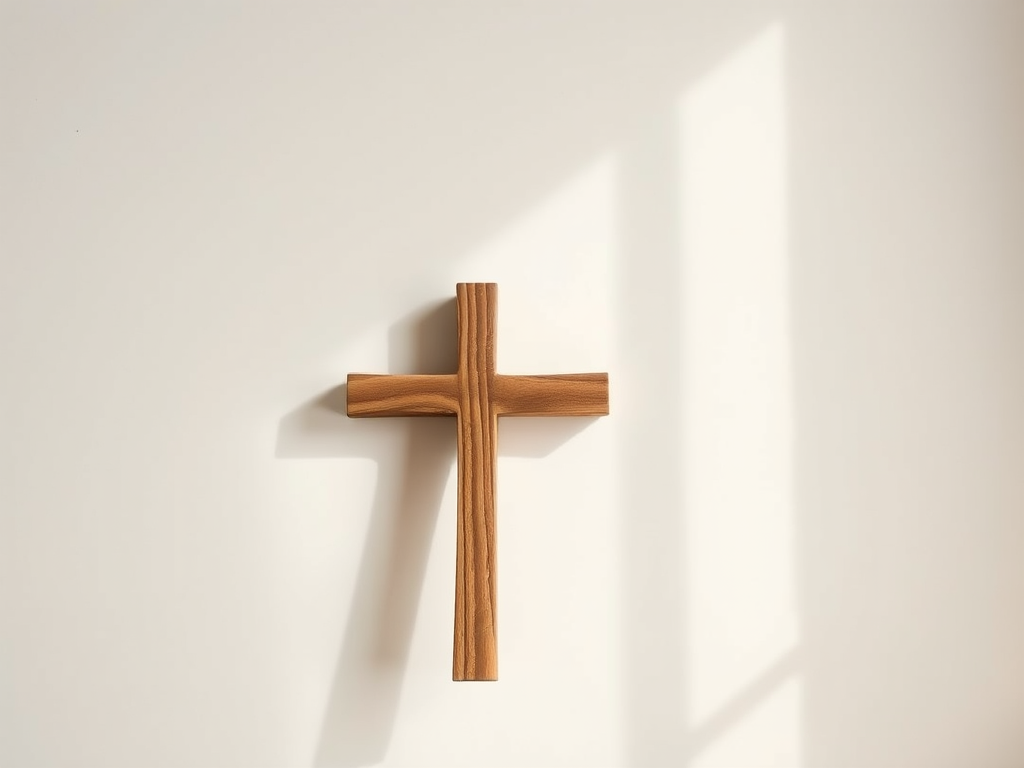 Create a stylized wooden cross against a simple background, using a DSLR camera with a 50mm lens, aperture set to f/2.8, ISO 100, in soft natural lighting to enhance texture and color depth, viewed from a slightly low angle to give perspective.