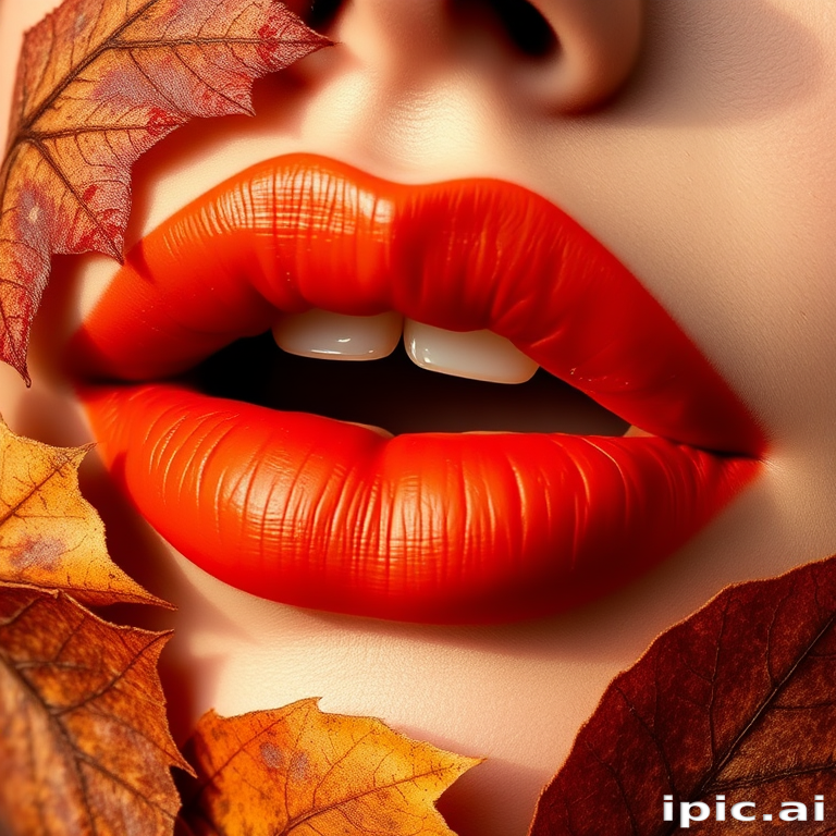 Autumn-inspired lips showcasing warm earth tones of rust, amber, and bronze, with a matte finish reminiscent of fallen leaves