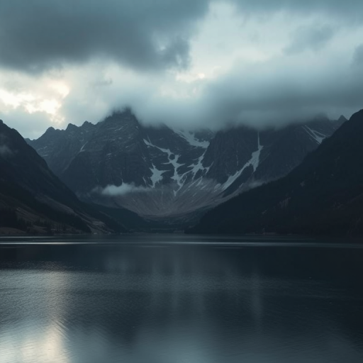 generate a mystical landscape with dramatic mountains and a calm reflective lake under a moody sky, using a Canon EOS R5 with a 24-70mm f/2.8 lens, aperture f/8, ISO 100, shutter speed 1/200 seconds, in soft natural light and a slightly elevated viewpoint for depth.