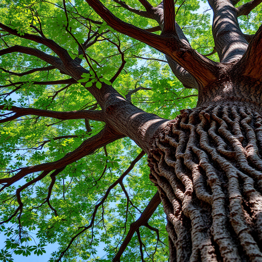Create a highly detailed illustration of a tree with rich brown bark and vibrant green leaves, shot with a DSLR camera at f/8 aperture, 50mm lens, 1/200s shutter speed, taken from a low angle to emphasize its height, with a natural sunlight setting for enhanced clarity and depth.