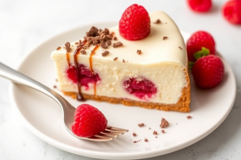 A slice of raspberry cheesecake on a white plate with a fork beside it topped with crumbled chocolate and drizzled with icing, garnished with fresh raspberries.