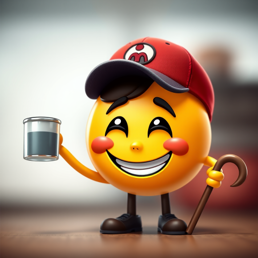 Generate a high-resolution cartoon image of a happy emoji with a cap, showing a cheeky grin, a mug in one hand, and a cane in the other, captured with a Canon EOS R5 using a 50mm lens, aperture set to f/4, ISO 100, and a soft focus background to enhance the character's features.