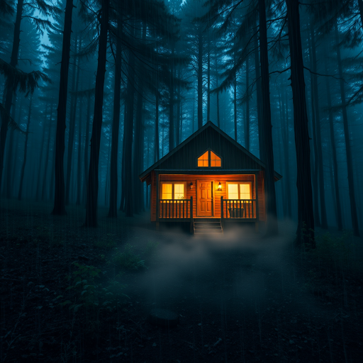 a cozy cabin in a dense forest during rainfall at night, soft glowing windows, mist rising from the ground, high dynamic range photography, f/1.8 aperture, 50mm lens, ISO 400, long exposure, captured with a full-frame DSLR