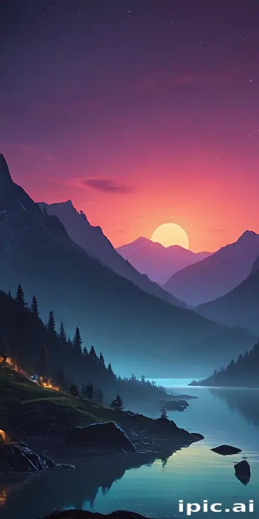 Stunning Sunset Over Tranquil Mountain Lake Surrounded by Majestic Peaks.