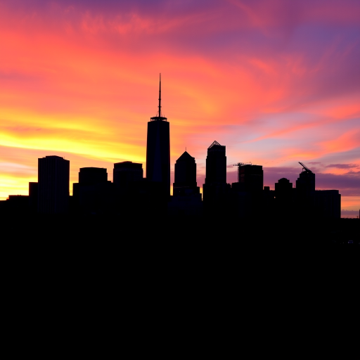 Generate a high-resolution image of a silhouette of a city skyline during sunset, using a DSLR camera with a 50mm lens, aperture set to f/2.8, ISO 100, and a shutter speed of 1/200s, captured from a low angle to emphasize the skyline against a colorful sky.