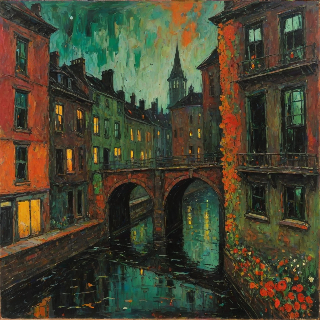 Misty Night, october. Half the frame is occupied by the wall of an old lonely towerhouse. Garlands of flowers hang from the windows. The rest of the frame is a view of the canal and bridge. Abstract expressionism, grunge impasto red orange, black, green intense oil colors on canvas. Jackson Pollock's, naive childish lines, microsplashes. Disturbing, depressive.