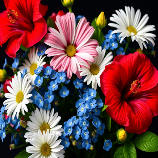 Generate a vibrant floral arrangement featuring red hibiscus, white daisies, and blue forget-me-nots, with a black background, captured in macro view using a DSLR camera, aperture f/2.8, ISO 100, and a focal length of 50mm for enhanced detail and clarity.
