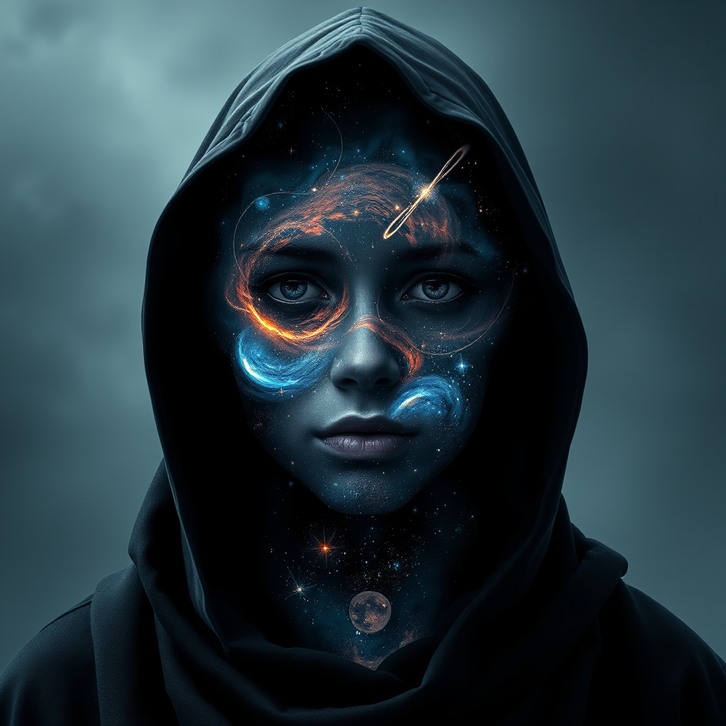 A mysterious hooded figure stands silently, the dark cloak flowing around them like shadows. Beneath the hood, their face is a mesmerizing cosmic scene where swirling galaxies, radiant stars, and vibrant planets form the features. Nebulas drift where eyes should be, glowing softly, while delicate streaks of cosmic energy trace the outlines of a nose and lips. Comets streak across the vastness of their face, and faint constellations pulse with life. The entire visage shifts and evolves as if the universe itself is contained within the figure, giving an ethereal, otherworldly presence to their form.