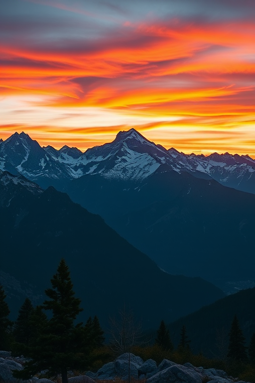Create an image of a majestic mountain landscape during sunset with vibrant colors, using a wide-angle lens, aperture set to f/8, ISO 100, shutter speed 1/125 sec, DSLR camera, captured from a low angle to emphasize the mountains and foreground elements.