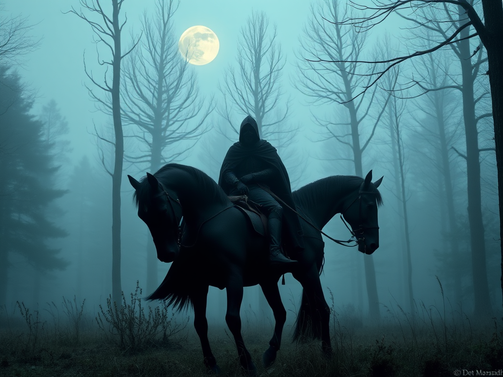 Fantasy scene of a dark knight on a black horse riding through a misty forest with a full moon in the background, captured with a DSLR camera, 50mm lens, f/1.8 aperture, ISO 100, and a low angle view to enhance depth and details.