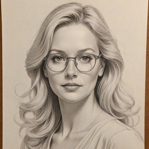 Fascinating Melissa Peterman, pencil sketch, portrait of Graceful woman 1977s in glasses, hair style beatnik, outline, clear lines, fine lines, 8k