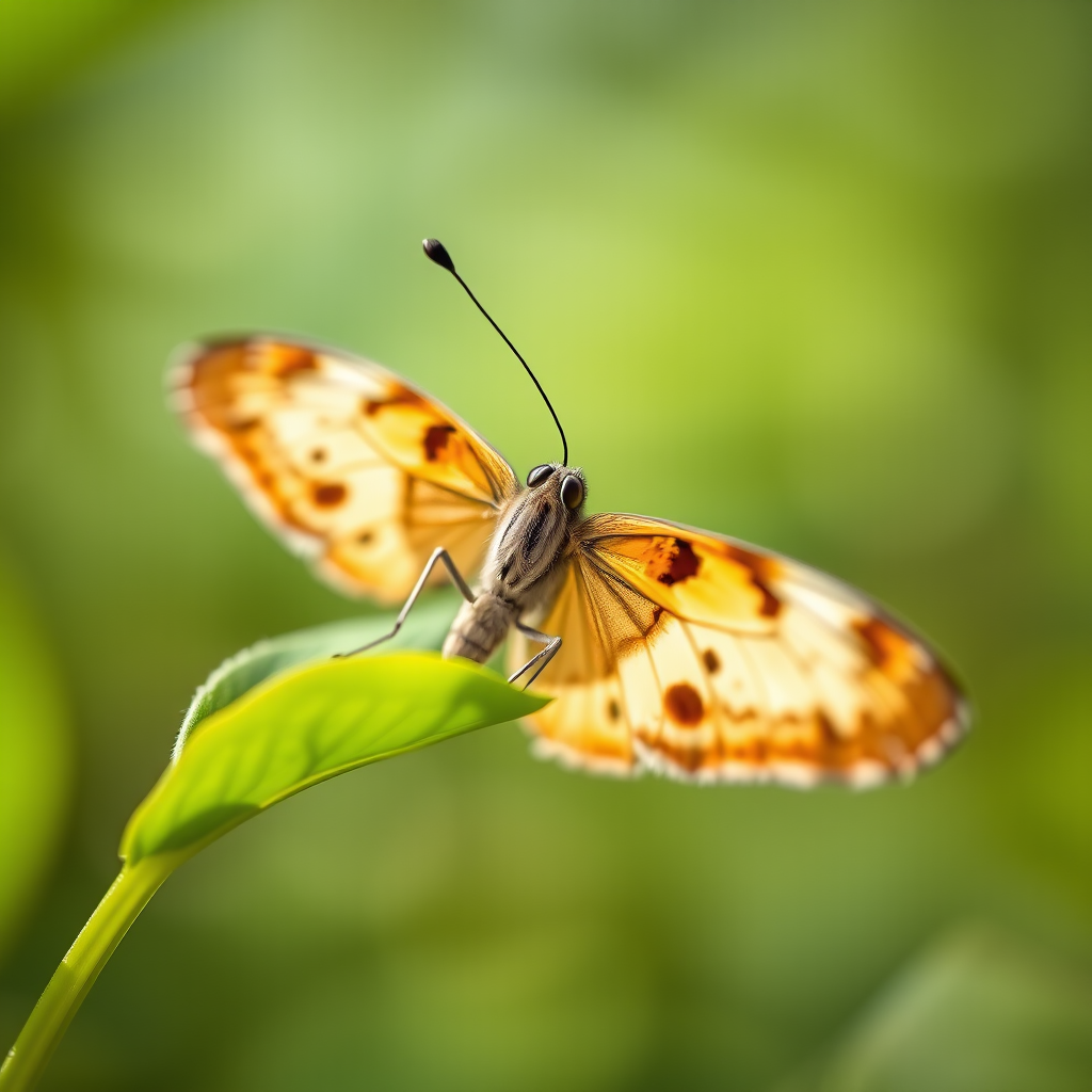 Close-up of a butterfly resting on a green leaf, shallow depth of field, soft bokeh background, natural lighting, macro lens, f/2.8, ISO 100, 1/200 sec, DSLR camera.