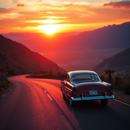 vintage car driving on a winding mountain road at sunset, vibrant color palette, high dynamic range, f/8 aperture, 1/250 shutter speed, ISO 100, wide-angle lens, DSLR camera, soft focus background for depth.