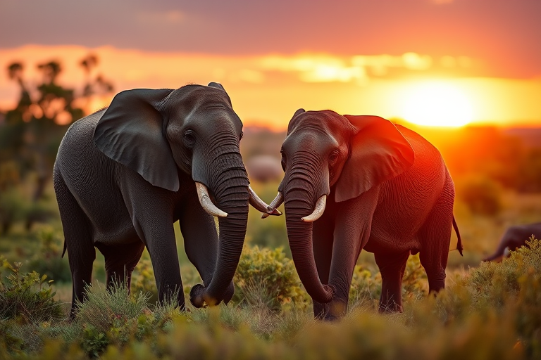 capture two elephants interacting in a lush green landscape at sunset with a Canon EOS R5 camera, 85mm lens, aperture f/2.8, ISO 400, shutter speed 1/200s, using a shallow depth of field to create a bokeh effect around the subjects