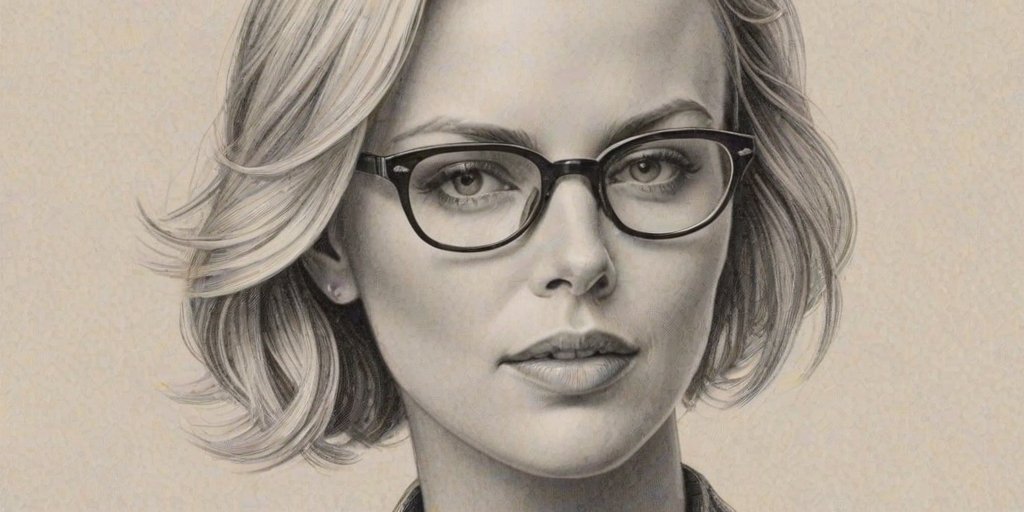 Exquisite Charlize Theron, pencil sketch, portrait of Fascinating woman 1930s in glasses, hair style beatnik, outline, clear lines, fine lines, 8k
