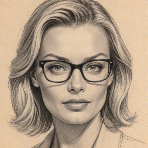 Captivating Jaime Pressly, pencil sketch, portrait of Appealing woman 1948s in glasses, hair style beatnik, outline, clear lines, fine lines, 8k