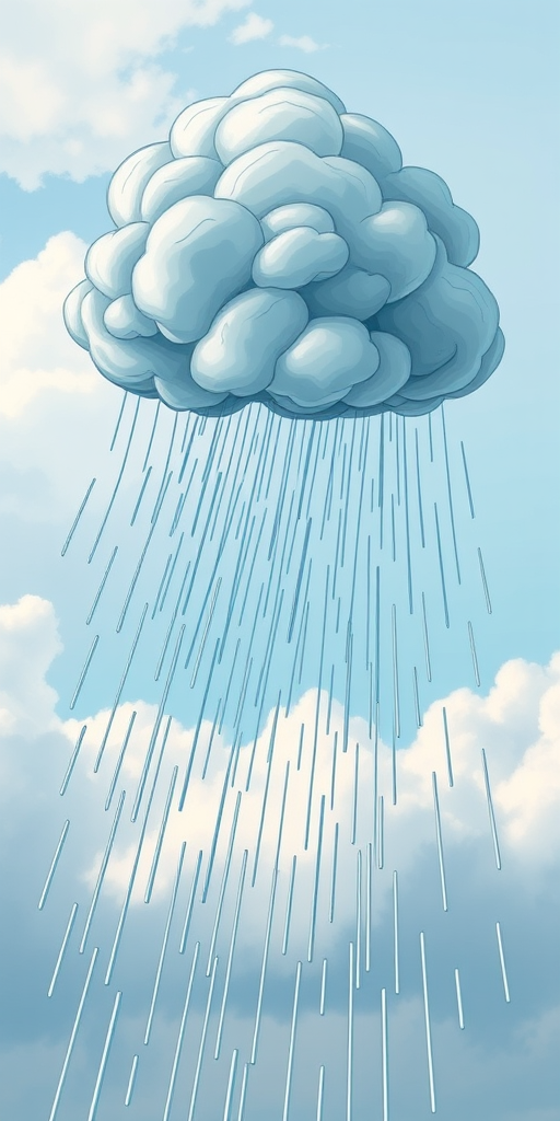 Generate a high-resolution illustration of a stylized rain cloud with spiraling winds, using a DSLR camera at ISO 100, f/8 aperture, 50mm lens, capturing a front view in natural light for enhanced clarity and vivid colors.