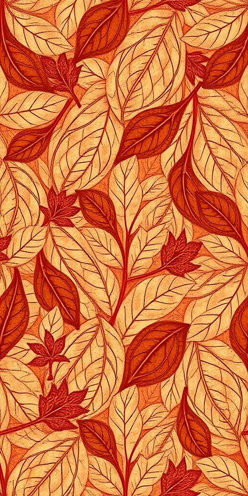 Create a detailed, seamless pattern featuring intricate leaves and abstract shapes in warm earth tones, with a focus on symmetry and balance, captured with a DSLR camera, 50mm lens, f/8 aperture, ISO 200, shot in natural light for enhanced texture and depth.