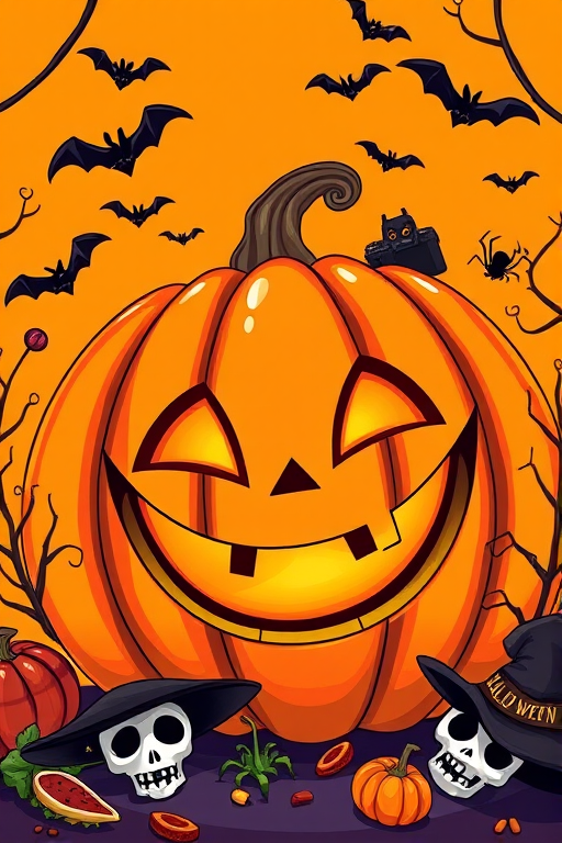 Create a vibrant Halloween-themed illustration featuring a large, grinning pumpkin, spooky decorations like bats and spiders, and playful elements like a witch hat and skull, using a Canon EOS 5D Mark IV with a 50mm lens at f/2.8, ISO 100, in a bright studio setting to enhance colors and details.