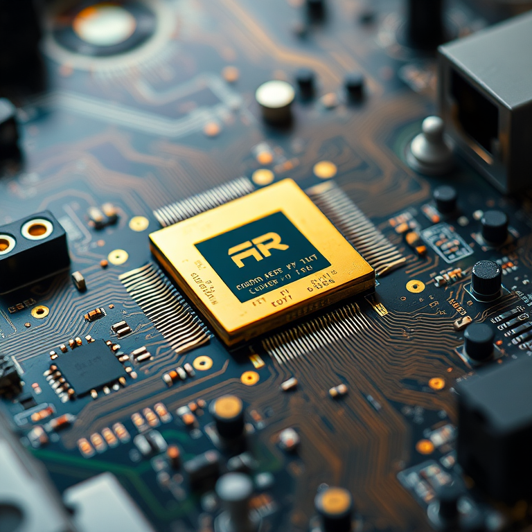 Create a highly detailed close-up shot of a computer circuit board with a central gold processor, using a Canon EOS R5, f/4 aperture, ISO 100, 50mm lens, in vibrant colors with soft lighting and a shallow depth of field.