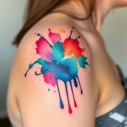 Whimsical watercolor splatter tattoo on the shoulder, featuring an abstract explosion of vibrant hues and flowing paint splatters, creating a unique and artistic representation of color in motion