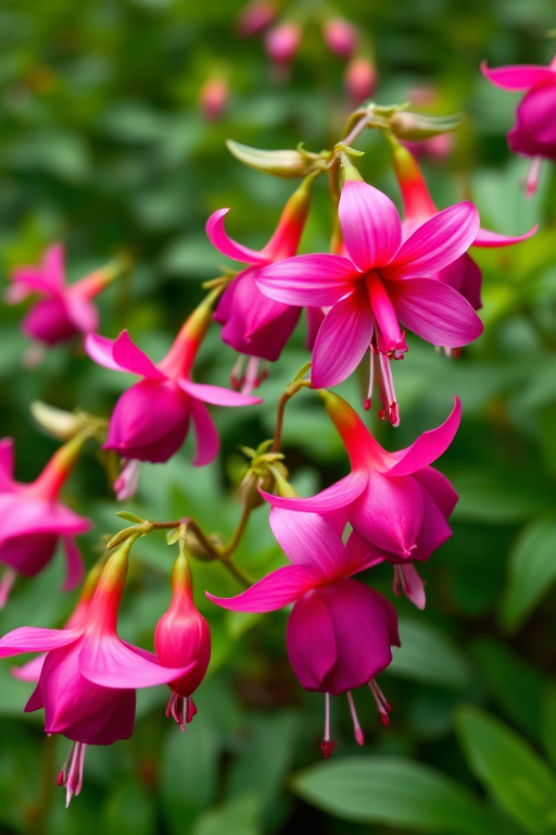fuchsia flowers in a lush green garden, shallow depth of field, aperture f/2.8, ISO 200, 50mm lens, natural light, DSLR camera, close-up view
