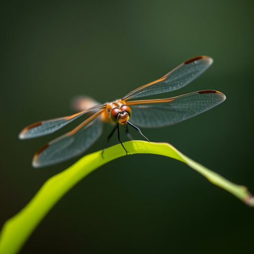Capture a close-up of a dragonfly perched on a green leaf, using a Canon EOS 5D Mark IV with a 100mm macro lens, aperture f/2.8, ISO 200, and a shutter speed of 1/250s, in natural light for enhanced detail and color vibrancy.