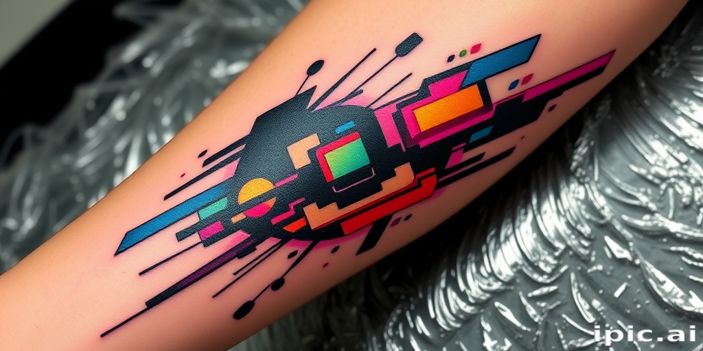 Glitch art inspired tattoo, "Digital Distortion," combining pixelated elements, color shifts, and fragmented imagery to create a unique design that appears to be glitching or corrupted, perfect for tech enthusiasts or as a statement piece on the forearm or leg