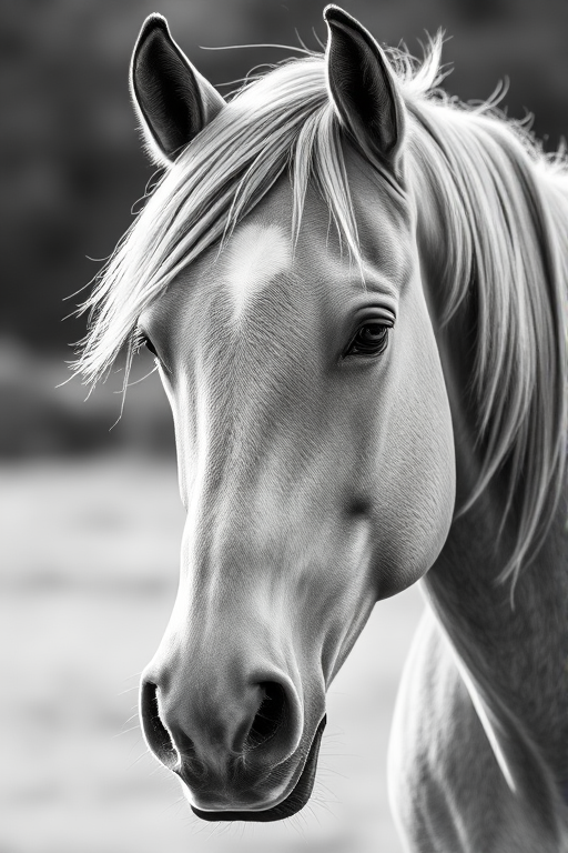 Generate an artistic gray-scale portrait of a horse, capturing the intricate details of its face and mane, using a full-frame DSLR camera with a 50mm lens, aperture f/1.8, ISO 100, natural lighting, shallow depth of field for a soft background blur, in a painterly style.