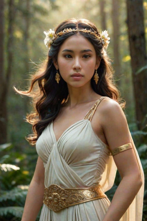 Create a portrait of a goddess-like Aymara girl figure in a tranquil, forested environment. She has an elegant appearance with long, wavy hair styled in an updo and adorned with a delicate, floral headband. She wears a flowing, ancient Greek-inspired gown in a soft, pale color, featuring a one-shoulder design and draped fabric that accentuates her graceful form. The outfit includes a decorative belt with ornate gold detailing, and she holds a bow in her hand, with a quiver of arrows slung over her shoulder. The background depicts lush greenery, with sunlight filtering through the trees, casting a gentle, ethereal light on the scene. Her expression is calm and contemplative, embodying a sense of wisdom and serenity.