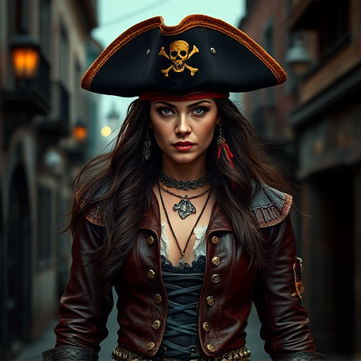 Create a portrait of a fierce female pirate. She wears a leather tricorn hat adorned with a skull and crossbones emblem, and her long, dark hair flows around her face. Her outfit consists of a richly detailed leather jacket, a corset, and multiple layers of belts and accessories, giving her a formidable and stylish appearance. She stands confidently in a dimly lit, historic port town, with a backdrop of weathered buildings and cobblestone streets, capturing the adventurous spirit of a pirate.
