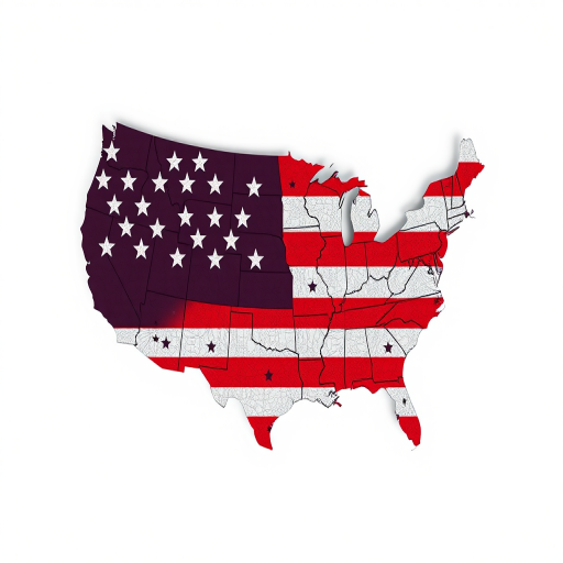 Generate a high-resolution vector image of the United States silhouette filled with the American flag design, camera settings: ISO 100, f/8, 1/125s, camera view: front view, camera style: flat lay, camera type: DSLR.