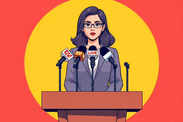 Create an illustration of a news presenter at a podium with microphones labeled TV, Live, and News, set against a bright yellow circular background, using a DSLR camera at f/2.8 aperture, 50mm lens, and a soft focus style for a clean, modern look.