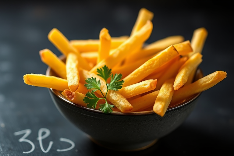 photograph of a bowl of golden crispy French fries garnished with parsley on a dark surface, taken with a DSLR camera at f/2.8, 1/125s, ISO 400, 50mm lens, natural lighting, shallow depth of field for a blurred background
